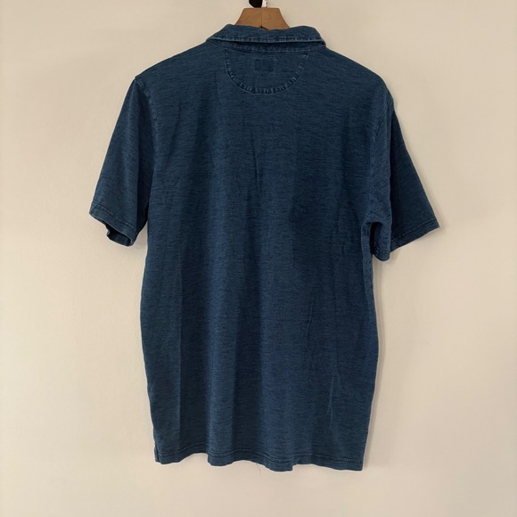 FAHERTY Men L Indigo Dye Chambray Polo Shirt Casual Pocket Short Sleeve - Picture 2 of 6